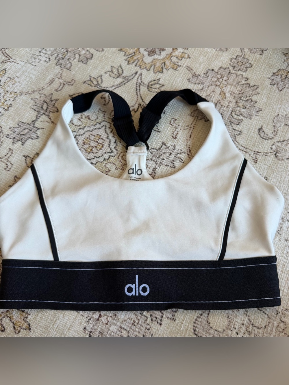 ALO Yoga White Sports Bra with Black Straps